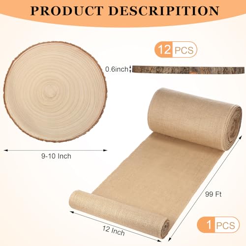 Tioncy 12 Pcs Burlap Table Runner & Wood Slices Set 100ft – Rustic Farmhouse Decor