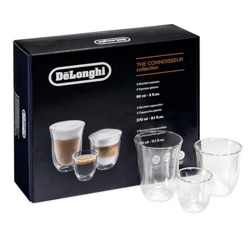 DeLonghi Glass Coffee Set - 6 Mixed Double Wall Borosilicate Glasses - Espresso, Cappuccino, Latte Macchiato