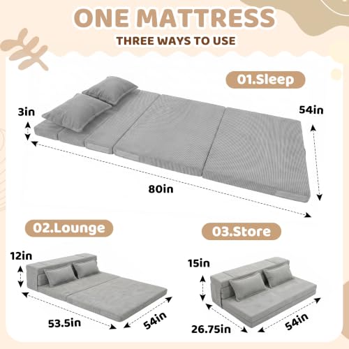 Anevna Charcoal Gray Full Tri-Fold Futon Mattress | Foldable Floor Bed & Lounge