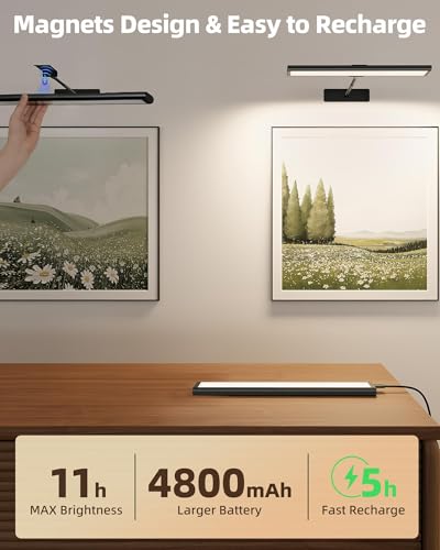 EZVALO 16-Inch Rechargeable Magnetic LED Picture Light with Remote, Dimmable Black Wall Art Lighting