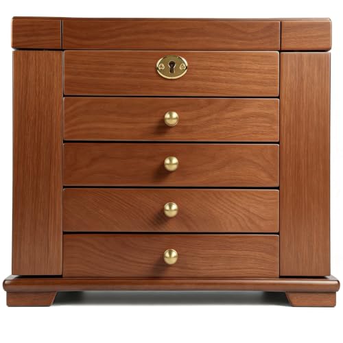 Wood Jewelry Box Organizer with Lockable Drawers & Mirror - 5-Drawer Storage