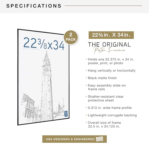 MCS Original Poster Frame Set - 22.375x34 Inch Black Wall Art Frames - 2 Pack