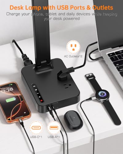 LED Desk Lamp with USB Charging Ports & Power Outlet - Black - Dorm Office