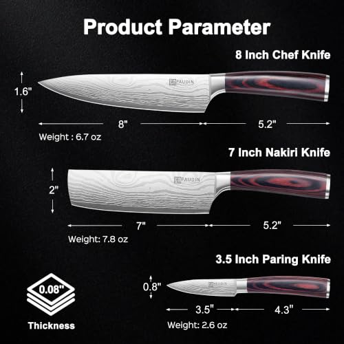 3-Piece Kitchen Knife Set - High Carbon Stainless Steel Chef, Nakiri & Paring Knives with Wooden Handles