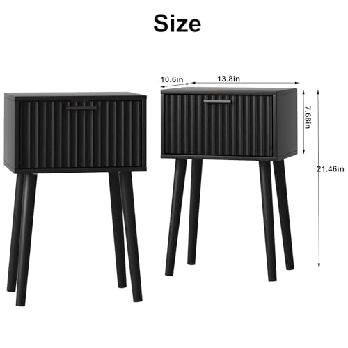 Nightstands Set of 2 - Small Bedside Tables with Fluted Door - Black, Fluted Style