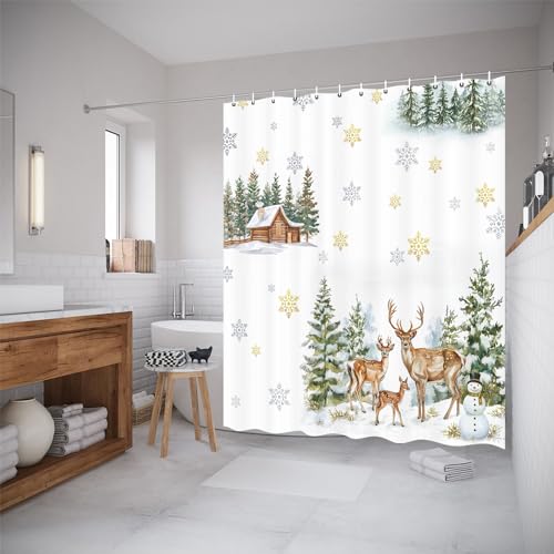 White Christmas Shower Curtain 71x71 Inch Winter Snowman Pine Deer Holiday Decor with Hooks