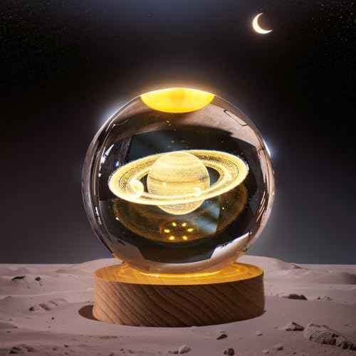 3D Saturn Crystal Ball Night Light with LED Stand, Saturn Planet Figurine Lamp Decoration Glass Sphere Paperweight Decorative Balls,Suitable as Night Lights Bedroom Decorations(3.15 in,80mm)