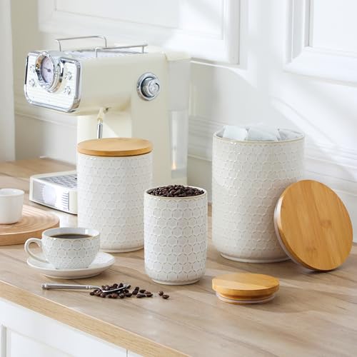 White Ceramic Canisters Set with Airtight Lids - 3 Sizes Coffee Cookie Sugar Storage