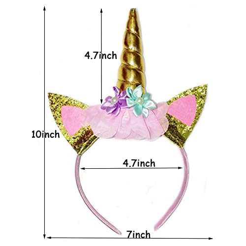 2Pcs Unicorn Horn Headbands Flowers Cat Ear HeadBands for Birthday Party, Christmas,Halloween,Photo Props, Unicorn Themed Party Decoration Supplies(Gold and Sliver), 10 inch L x 7 inch W