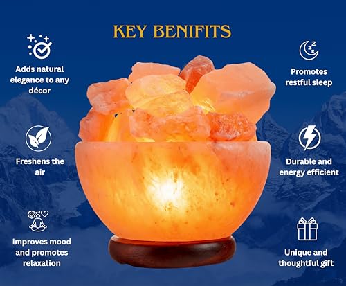 Himalayan Salt Lamp Bowl with Crystal Chunks & Wooden Base - Relaxing Amber Glow