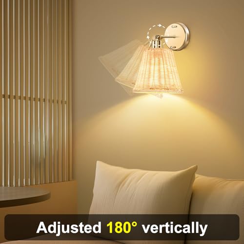 FRIDEKO HOME Gold Rattan Rechargeable Wall Sconces Set of 2 with Remote, Dimmable & Adjustable