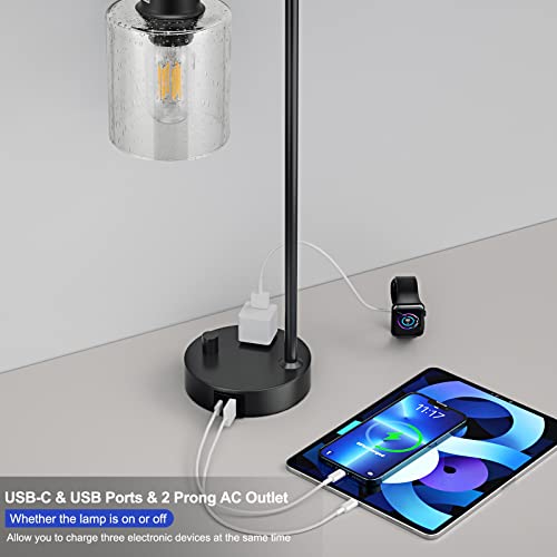 Innqoo Seeded Glass Industrial Desk Lamp with Dimmable Feature, USB-C & Outlet, Black - Vintage Bedside Lighting