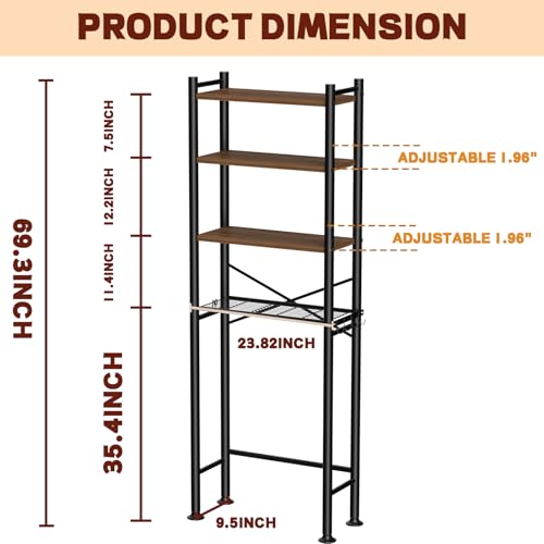 GloTika Brown 4-Tier Over Toilet Storage Rack - Anti-Tilt Bathroom Organizer