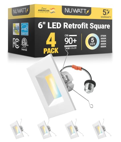 NUWATT 6 Inch Square Recessed LED Can Light with 5 CCT Colors Dimmable Wet Rated
