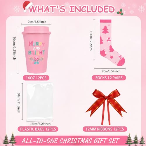 Pink Christmas Gift Set with Cups Socks Bows - Vesici 12 Pack