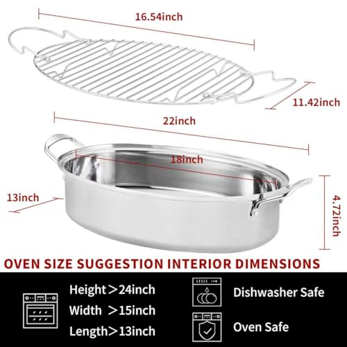 22-Inch Stainless Steel Roasting Pan with Rack and Lid for Turkey & Large Meals