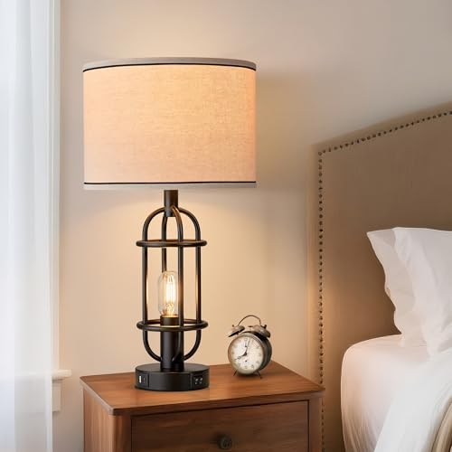 Reaketon 22.3” Farmhouse Table Lamps Set of 2 - Matte Black with USB Charging Ports