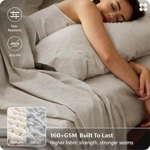 Bedsure Beige King Size Linen Cotton Blend Sheets Set - Natural, Breathable, Deep Pocket