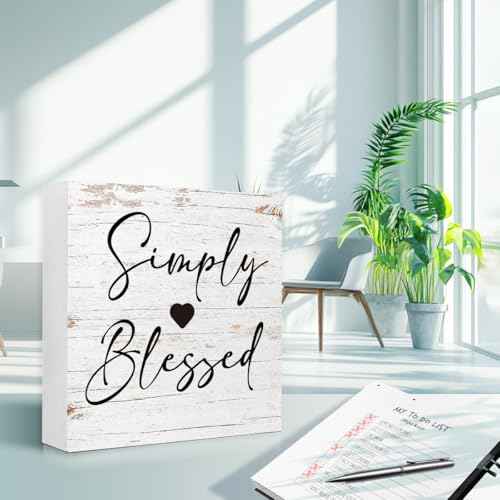 Inspirational Wood Box Sign Shelves Decor, Simply Blessed Wood Block Sign Wall Decorate, Motivational Decoration For Home Office Desk Tabletop Shelf