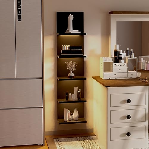 Homaterial 5-Tier Wall Shelf Unit with Light - Black, Modern Floating Shelves