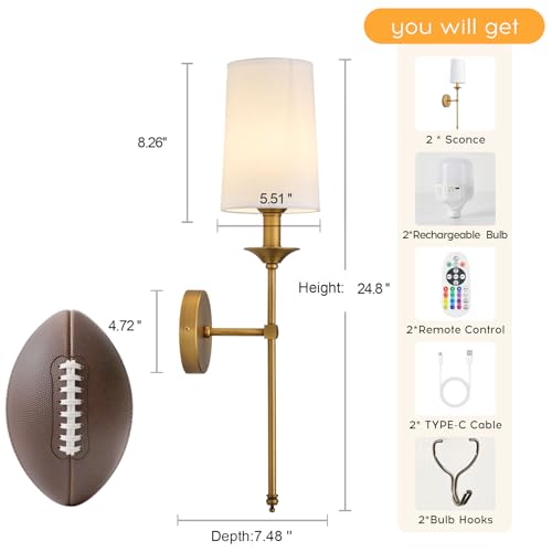 PASSICA DECOR Antique Brass Wireless Battery Wall Sconce Set of 2 with Remote, Dimmable RGB & Timer