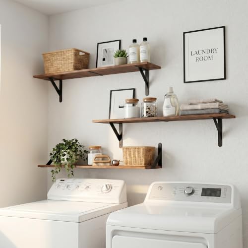 Rustic Brown Wall Shelf 32 Inch Floating Bookshelf with Sturdy Metal Brackets