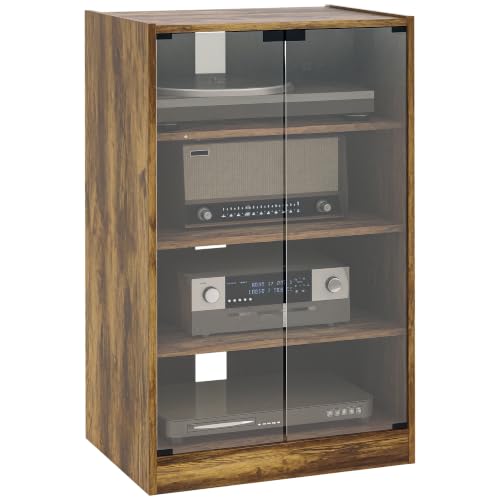 Large Rustic Brown Media Cabinet 4-Tier Glass Door Entertainment Storage