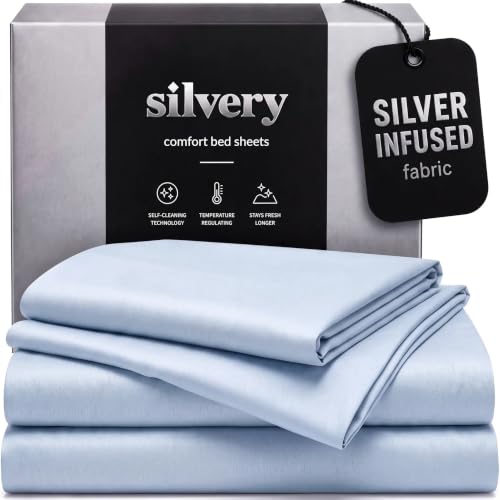 Ice Blue Silvery Silver Infused King Bed Sheets Set - Ultra-Soft Temperature-Regulating & Self-Cleaning Technology