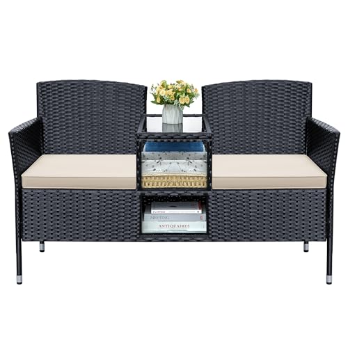 Greesum Beige Outdoor Wicker Loveseat with Built-In Coffee Table & Storage - Patio Furniture