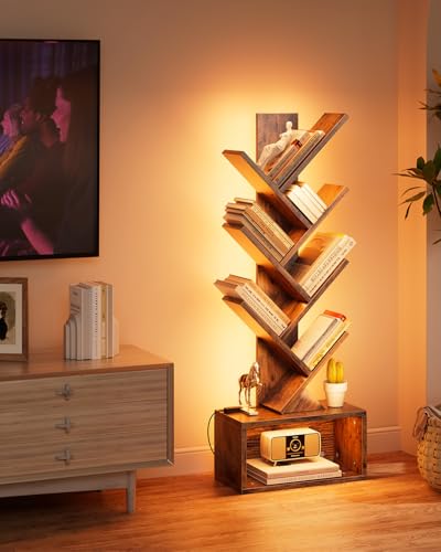 Evermagin Rustic Brown 6-Tier Tree Bookshelf with RGBIC LED Lights, Space-Saving Bookcase