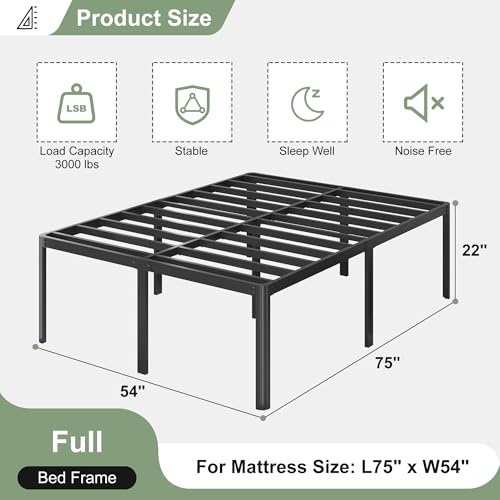 Full Size Metal Bed Frame 22 Inch High Platform Bed with Rounded Legs, Noise-Free, Easy Assembly, Black