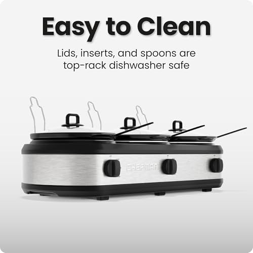 Chefman 7.5 Quart Triple Slow Cooker & Food Warmer - 3 Crocks, Stainless Steel