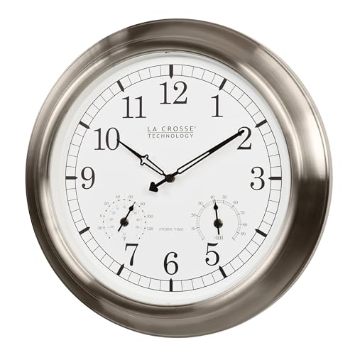 17.9-Inch Indoor/Outdoor Atomic Wall Clock with Stainless Steel Frame & Weather-Resistant Design - Classic Analog Time & Temperature Gauge - Variation: Round Clocks / 18 Inch / Stainless Steel