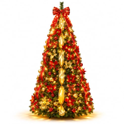 Skasii 5FT Red Pop Up Christmas Tree with LED Lights, Fully Pre-Decorated