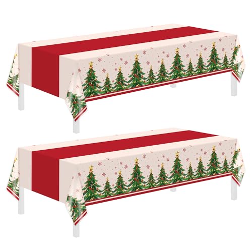Christmas Disposable Tablecloths, 2 Pack Plastic Table Covers for Rectangle Tables 54 x 108 Inch, Tree Tablecloth Decorations for Party Supplies, Home, Indoor, Outdoor
