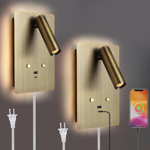 Bronze Wall Mounted Reading Light Set of 2 with USB Ports - Dimmable Bedside Sconces