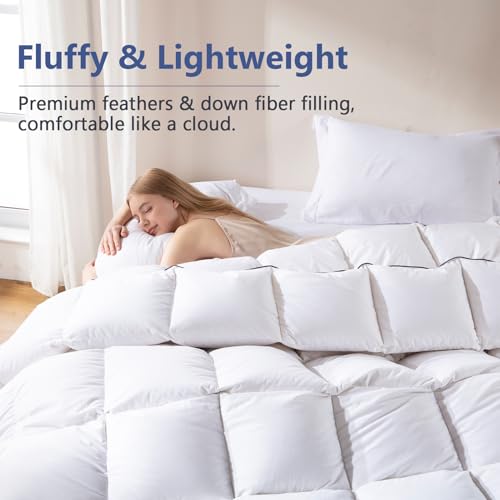 California King Feather Comforter - White 104x96 Inches Luxury Bedding