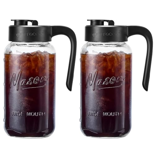 64 oz Mason Jar Pitcher with Lid - Black, Leakproof 2 Quart Glass Beverage Dispenser - Variation of 64.0 Ounces / Black / 2
