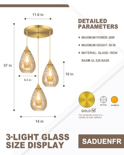 3-Light Pendant Lighting Fixture for Dining Room Modern Amber Glass Chandelier