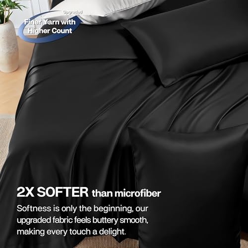 Black Queen Bed Sheets Set - Rayon Bamboo Blend, Deep Fitted & Pillowcases