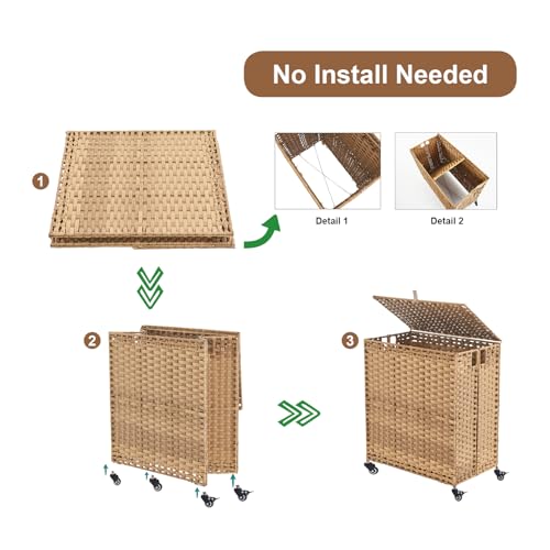 Natural Laundry Hamper with Wheels & Lid, 50.2 Gallons, 3-Section Rattan Basket