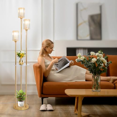Gold Floor Lamp with Shelves - Modern Crystal Standing Lamp with Table and On/Off Switch