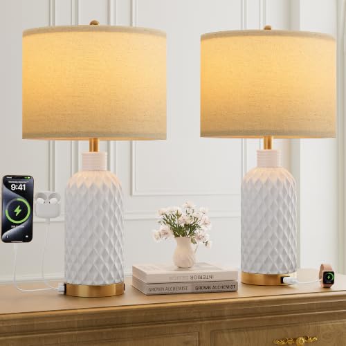 SIBRILLE 25-Inch White Ceramic Table Lamps Set of 2 with USB-C, USB-A & Outlet
