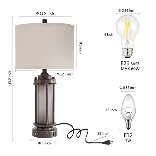 Farmhouse Table Lamps Set of 2 with USB C + A Ports - Bronze Finish