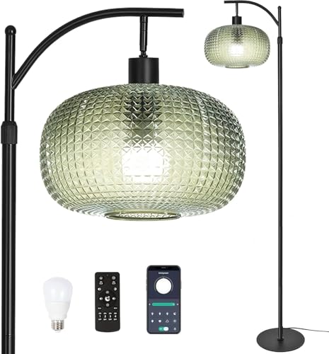 Dark Green Floor Lamp with Remote Control & Dimmable Green Lampshade - Vintage Mid-Century Modern Tall Standing Light for Living Room & Bedroom - Black+Dark Green