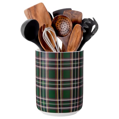 Qinyoung Christmas Utensil Crock with Tartan Plaid Design - Green Ceramic Kitchen Organizer