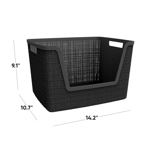 Large 18L Black Jute-Like Decorative Storage Baskets - Set of 4, Easy Access