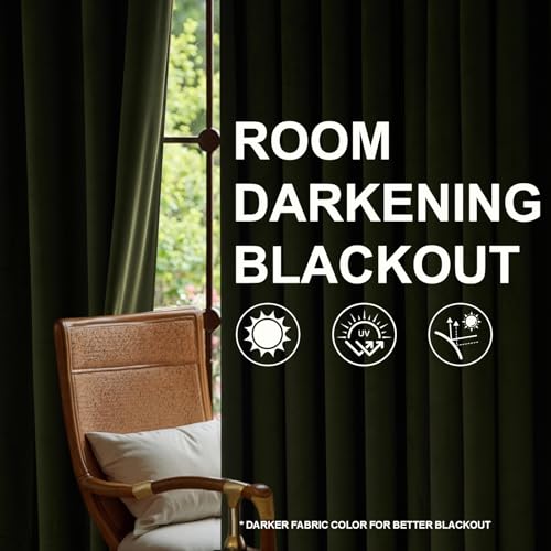 Velvet Blackout Curtains 96 Inch Long with Back Tabs and Hooks - 2 Panels, Olive Green, 40W x 96L - Drapenova