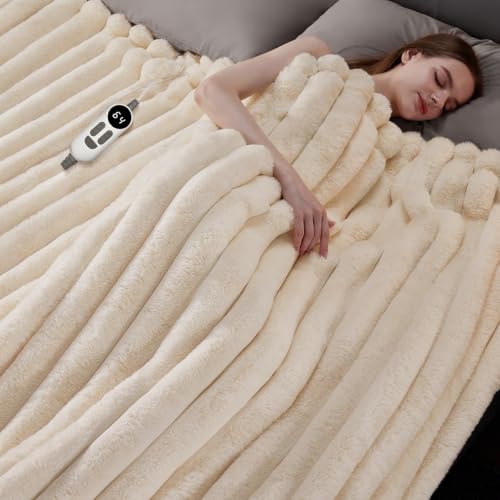 HaloRest Cream White 50x60 Inch Heated Faux Fur Throw Blanket - Electric, Soft & Safe