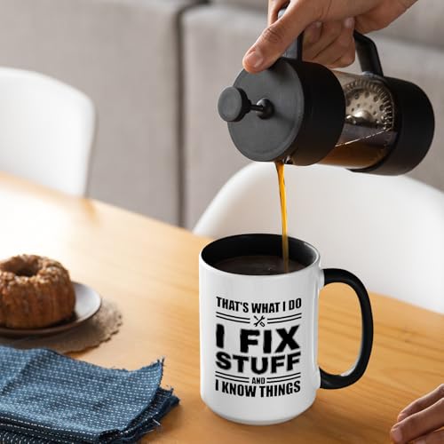 Veracco Black 15oz Funny Mechanic Mug for Dad - I Fix Stuff & Know Things